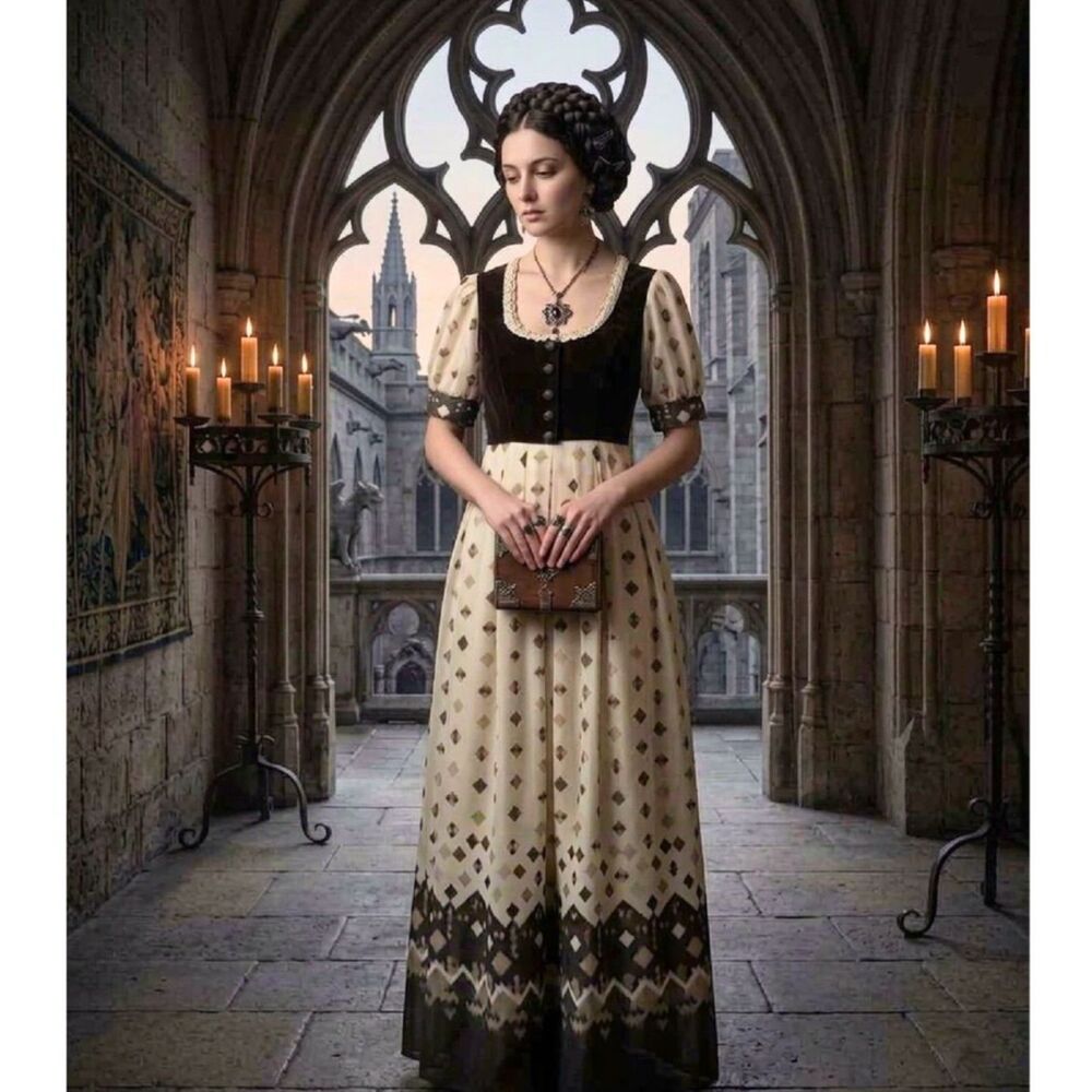 VTG 70s Miss Marlene Dress England Velour Renaissance Faire Cottagecore Maxi XS - Picture 4 of 13